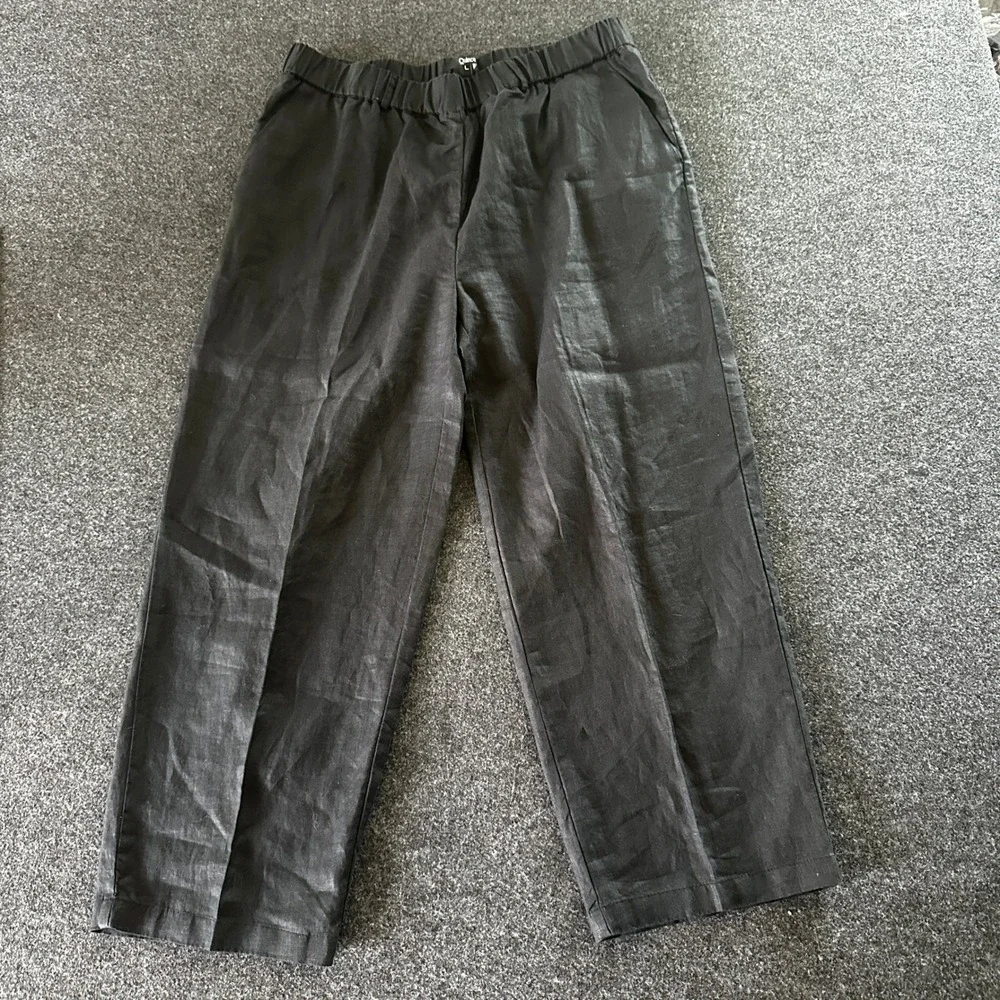 Quince 100% European Linen Wide Leg Pants Black Elastic Waist Size Large Petite
